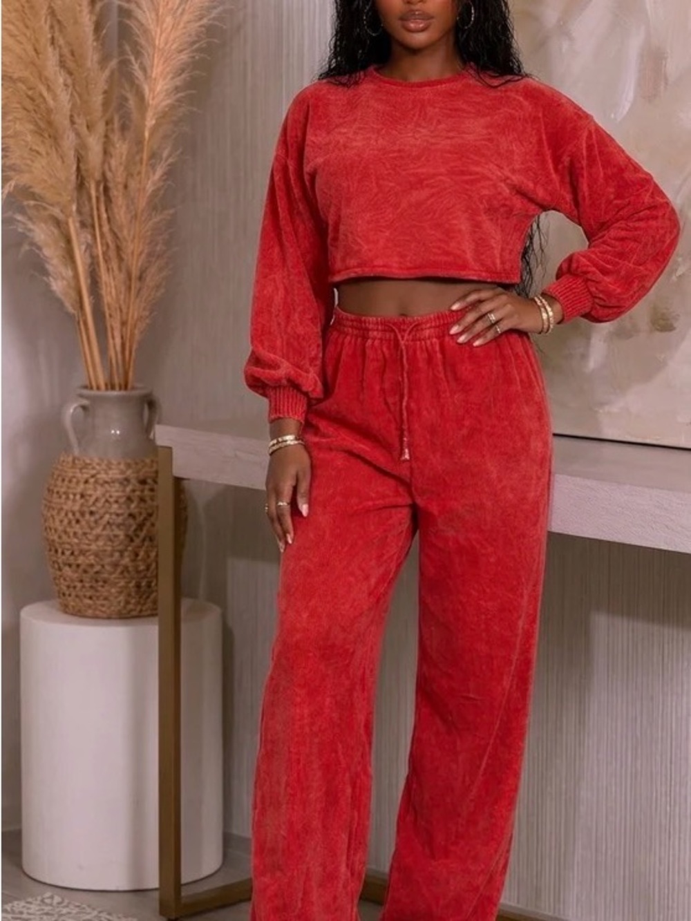 WASHED LS CROP TOP & PANTS SET